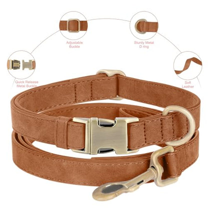Genuine Leather Dog Collar - Adjustable Pet Collar with Quick Release Metal Buckle, Soft Skin Friendly Real Leather Collar for Small, Medium, Large Dogs (Khaki Collar + Rope, S：Fit 8-16" Neck) - color: Khaki Collar + Rope, size: S：Fit 8-16" Neck