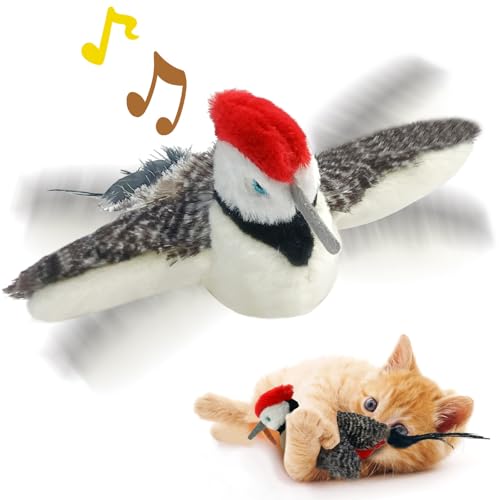 Cat Toys, Flapping Wings Woodpecker, No Flying, Chirping Bird Interactive Catnip Toy for Kitten or Small Dogs, Touch Activated, Rechargeable, 3 Modes - color: Smart Woodpecker