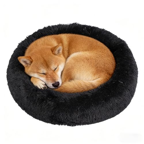 Calming Donut Dog Bed Medium Size Dog - Washable Removable Cover Non-Slip Bottom, Round Pet Bed Cat Bed Warming Fluffy Plush Faux Fur Anti-Anxiety, Fits up to 45 lbs (Black, 30") - color: Black, size: 30"L x 30"W x 8"Th