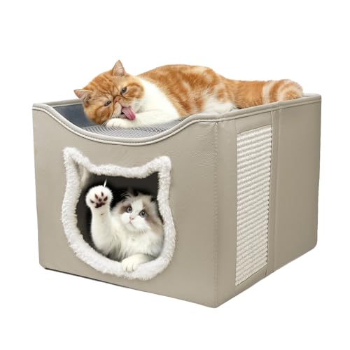 Cat Beds for Indoor Cats, Large Cat Houses with Cozy Condo,with Premium Tech Fabric& Scratch Pad, Round Window, Foldable Indoor Cat House Hold Up to 30LBS, with Reversible Cushion for Multi Small Pet - color: Khaki