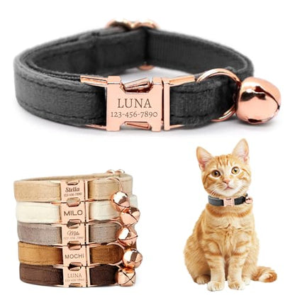 Personalized Non-Breakaway Cat Collar with Name, Luxury Soft Velvet Custom Engraved Name Collar with Bell for Kittens & Cats (Charcoal, L (7.5-12.5 inches)) - color: Charcoal, size: L (7.5-12.5 inches)