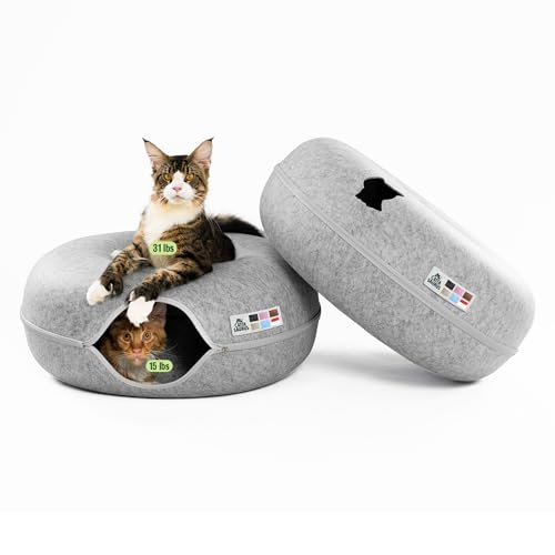 Cattasaurus Peekaboo Cat Cave Duo Jumbo Set, Extra Spacious Cat Donut for Multiple & Large Kitty 15+ lbs, Scratch Detachable Cat Beds for Indoor Cats, Washable Cat Tunnel Bed, Best Kitten Toys - color: Light Gray + Light Gray, size: Jumbo