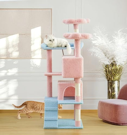 Made4Pets Cat Tree Tower 56" Cat Tower for Indoor Cats Kitten Tree Multi-Level Cat Tree with 2 Condo Furniture Activity Center with Scratching Posts Funny Toys (Pink Flower Blue) - color: Pink Flower Blue