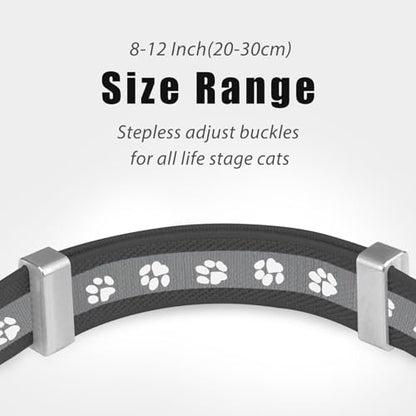 Cat Collar Apple AirTag-Compatible - Cat Paw Print Design, Durable Elastic Band with Reflective Strips and Bell, Infinitely Adjustable Collar for Small to Medium Pets, Black.