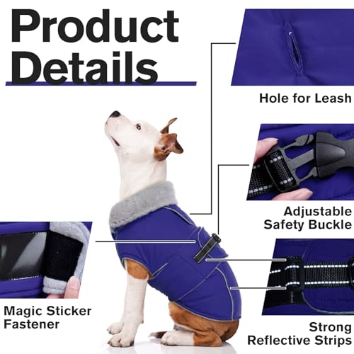 Lelepet Warm Dog Winter Coat Waterproof Dog Jacket with Adjustable Buckle & Leash Hole Reflective Pet Fleece Snowsuit Turtleneck Windproof Cold Weather Coats, Blue, M - color: Blue, size: M