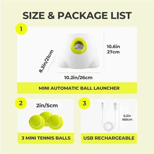 AFP Automatic Ball Launcher for Dogs, USB Rechargeable Interactive Dog Ball Thrower Machine, Auto Fetch Launcher for Small&Medium Dogs, Indoor Outdoor Puppy Play Toy, 3 Tennis Balls Included (2 Inch) - size: 2" ball launcher