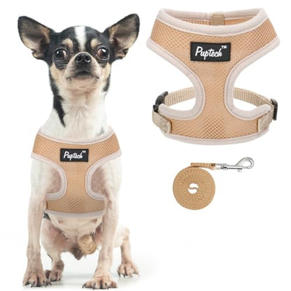 PUPTECK Soft Mesh Dog Harness and Leash Set Pet Puppy Cat Comfort Padded Vest No Pull Harnesses, Solid Beige, XS - color: Solid Beige, size: XS (NECK: 10", CHEST: 10"-14")
