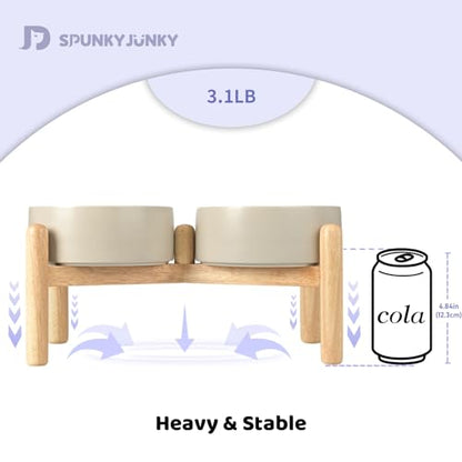 SPUNKYJUNKY Ceramics Raised Bowls with Wooden Stand - Elevated Dog Food and Water Bowl (Double 28.7OZ, Grey) - color: Grey (Double Bowls Set), size: Medium - 3.6 CUPS