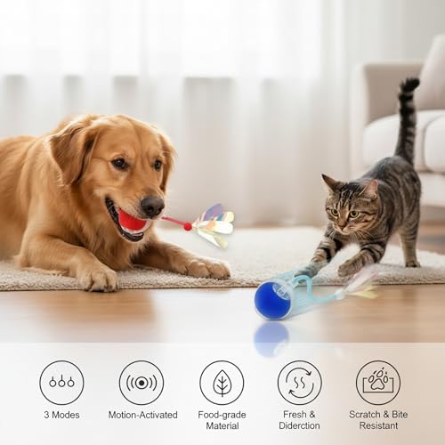 Interactive Cat Toys Ball for Cats - Upgrade Automatic Cat Toys for Indoor Cats, 3 Modes 2 Speed Moving Cat Ball with Dragonfly Feathers 2PCS (Red Blue) - color: RedBlue-1