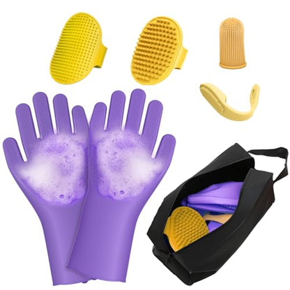 7PCS Dog Bath Brush | Pet Grooming Gloves | Storage Bag | Soothing Massage Rubber Comb with Adjustable Ring Handle | Pet Bathing For Dogs and Cats (Lavender Purple) - color: Lavender Purple