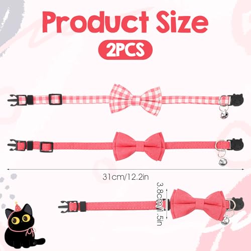 2 Pcs Pink Bow Tie Cat Collar with Bell Breakaway, Bowtie Plaid Cat Collar with Cats Buckle, Cute Kitten Bow Tie Collars, Soft Adjustable Cats Collars (Pink) - color: Pink