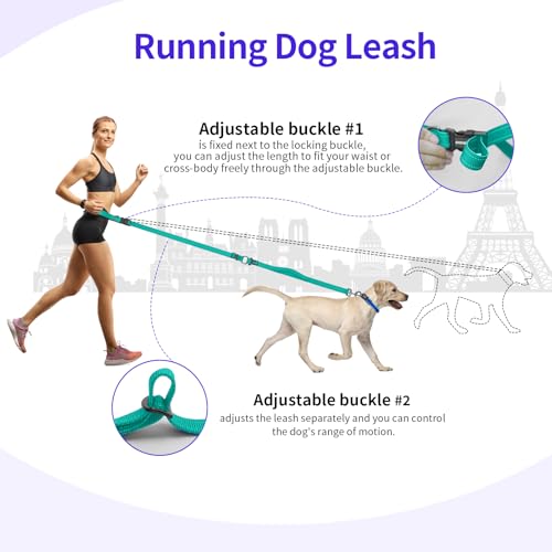 Hands Free Dog Leash by Kazazoo, Adjustable 6-9 FT Waist & Crossbody Leash with Quick Off Buckle, Reflective Stitches for Walking, Jogging,Medium to Large Dogs & Puppies Green-L - color: Green, size: L