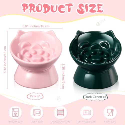 Funnymoom 2 Pcs Ceramic Raised Slow Feeder Cat Bowl, 5.91inch Elevated Cat Slow Feeder Bowl Tilted Anti Vomiting for Dry Wet Food and Water Easy to Clean High Edge(Dark Green, Pink) - color: Dark Green, Pink