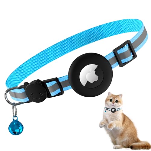 Meliya Airtag Cat Collar Breakaway with Bell, Adjustable Reflective Pet Kitten Collar with Apple Air Tag Holder Case for Girl Boy Cats (Striped Blue) - color: Striped Blue