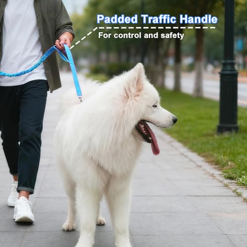5FT Bungee Dog Leash with 2 Handles, Reflective Strong Nylon Traffic Leash, Shock Absorbing Lead for Large Medium Dogs Walking Training Controlling, Blue - color: Blue