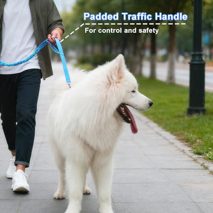 5FT Bungee Dog Leash with 2 Handles, Reflective Strong Nylon Traffic Leash, Shock Absorbing Lead for Large Medium Dogs Walking Training Controlling, Blue - color: Blue