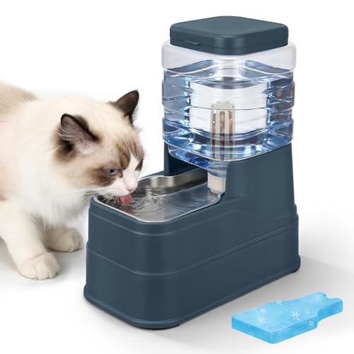 Automatic Cat Water Dispenser Gravity Stainless Steel Water Feeder Dog Waterer Feeder with Wide Mouth Bowl for Small Medium Dog Puppy Kitten (Filter &Ice Pack Included) 1Gallon Navy - color: Navy, size: 1.1Gallon/4L