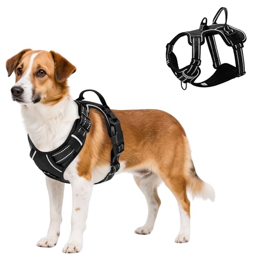 No Pull Dog Harness Escape Proof, Adjustable Reflective Dog Vest with Control Handle, No Choke Pet Harness for Medium and Large Dogs (Black, M)