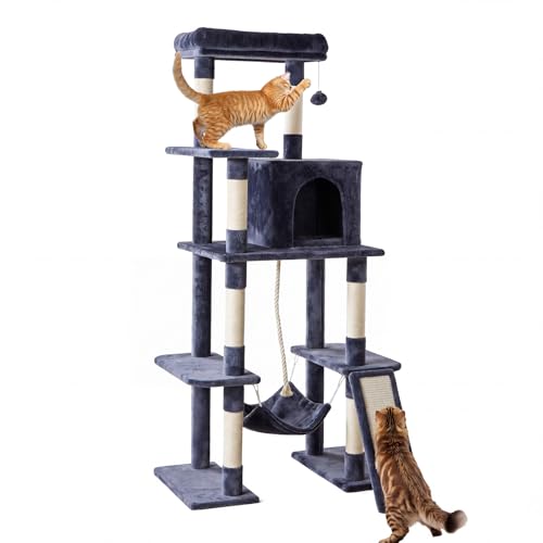 Large Cat Tree 63 Inch, Multi-Level Tall Cat Tree Tower with Condo, Perch, Sisal Scratching Posts Board and Hammock, Pet Play House with Dangling Balls for Indoor Cats, Dark Grey - color: Dark Grey, size: 63IN