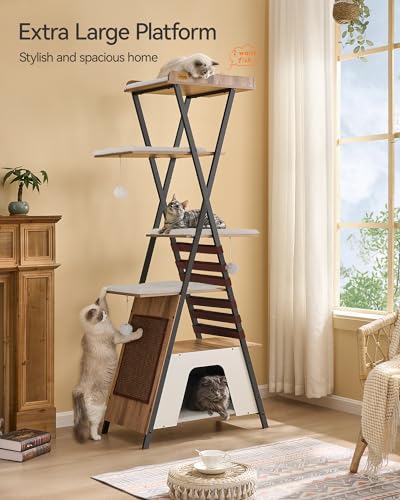FourFurPets 72.4" Cat Tree, Modern Cat Tower for Indoor Cats, Multi-Level Cat Condo with Caves, Tall Cat Tree with Cat Scratching Board, Wooden Cat Tower with Large Perch, Removable Pads, Camel Brown - color: Camel Brown