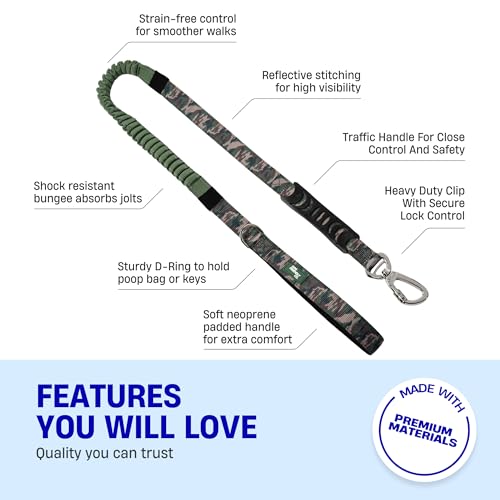 Dog Friendly Co. Bungee Dog Leash | Strain Free & Shock Resistant for Control | Neoprene Padded Handle, Heavy-Duty Carabiner Clip, and D-Ring | Green Camo, Size Regular - color: Green Camo, size: Regular