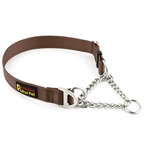 Plutus Pet Martingale Dog Collar with Stainless Steel Chain and Reflective Nylon, Adjustable No Pull Training Collar, for Small Medium, and Large Dogs, Chocolate, M - color: Chocolate, size: Medium
