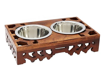 Elevated Pet Feeder for Dogs and Cats - Hand Carved Wood Bones Raised Dog Bowl Stand - Pet Feeding Stand with Two Steel Bowls - Raised Dog Bowl for Food Water - Pet Feeding Station -17x11x4- IRONGATE - color: Bone Bistro Carved - Wood