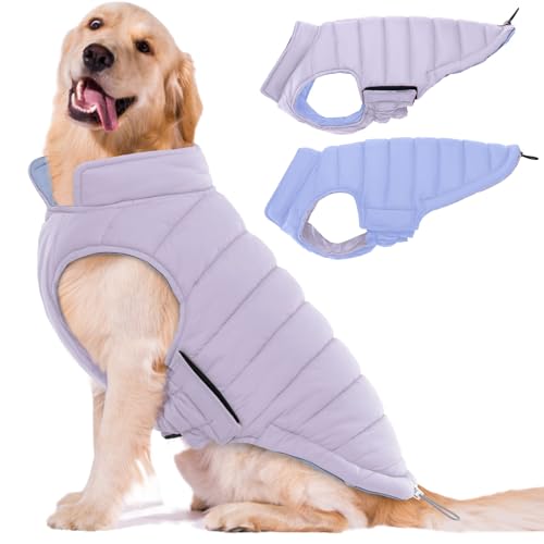 Lelepet Reversible Dog Coat Waterproof Dog Jacket Windproof Puffer Vest for Winter Warm Lightweight Coats for Medium Dogs Adjustbale Hook & Loop Pet Apparel with Leash Hole, French Bulldog, Purple L - color: Purple, size: L