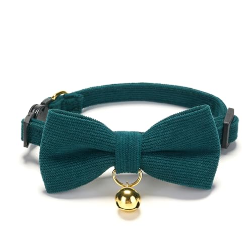 Soft Corduroy Cat Collar with Bell and Bowtie, Safety Breakaway Clasp, Adjustable for Kitten and Cats Green Color. - color: Green