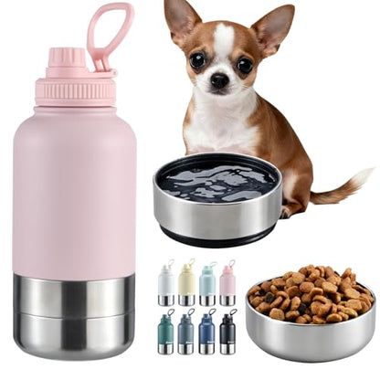 Cibaabo Insulated Dog Water Bottle with 2 Bowls, 32oz Travel Stainless Steel Double Wall Thermos, Portable Pet Dispenser, Gifts for Puppy Small Medium Dogs Walking Hiking and Camping - color: Blush Pink