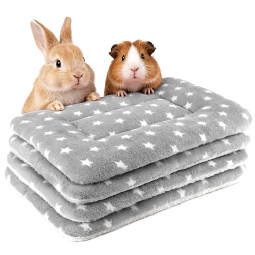 4 Pack Rabbit Bed Mat, 14" x 11" Soft Fluffy Flannel Small Pet Blanket, Washable Sleeping Pad for Guinea Pigs, Bunnies, Star Print - Grey - color: Gray, size: 14x10 Inch