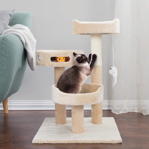 Cat Tree - 3-Tier Tall Cat Tower Condo with 2 Napping Perches, Sisal Rope Scratching Post, Hanging Mouse and Interactive Wheel Toy by PETMAKER (Beige), 27.5" - color: Beige
