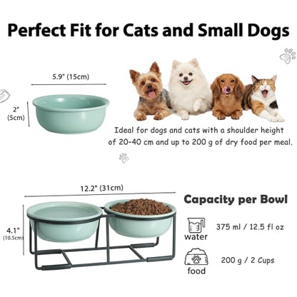 Ceramic Elevated Dog Bowl Set - Double Dog Food and Water Bowls with Metal Stand - Raised Pet Dishes for Puppies and Cats - 2 Cups - 12.5 fl oz - Green - color: Green, size: S-200ml