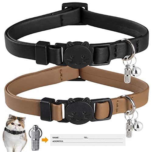 WROSWT Upgrade Breakaway Cat Collar with Bells, Soft Leather Kitten Collars with Name Tag,Safety Adjustable Buckle,Lightweight,Ideal for Girl Boy Cats,Puppies,2 Pack（Black+Brown） - color: Black + Brown