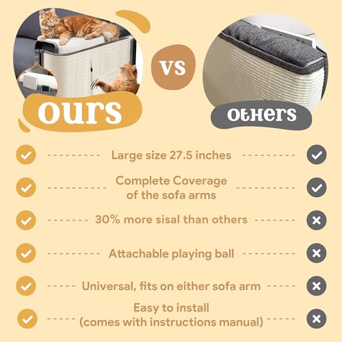 Cat Couch Protector [2- Pack], Natural Sisal, Comes with 2 Playing Balls, Couch Cat Scratcher, Protect Your Couch from Cat Scratching,