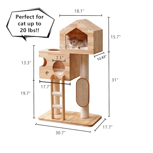 SHENGOCASE Modern Real Solid Rubber Wood Large Cat Tree Tower Castle with Big Enclosed Bed, House Condo, Scratching Post and Sisal Scratcher with Ladder for Multiple Cats