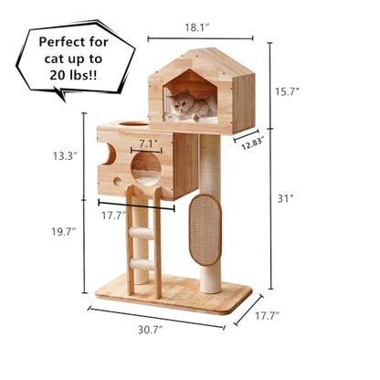 SHENGOCASE Modern Real Solid Rubber Wood Large Cat Tree Tower Castle with Big Enclosed Bed, House Condo, Scratching Post and Sisal Scratcher with Ladder for Multiple Cats