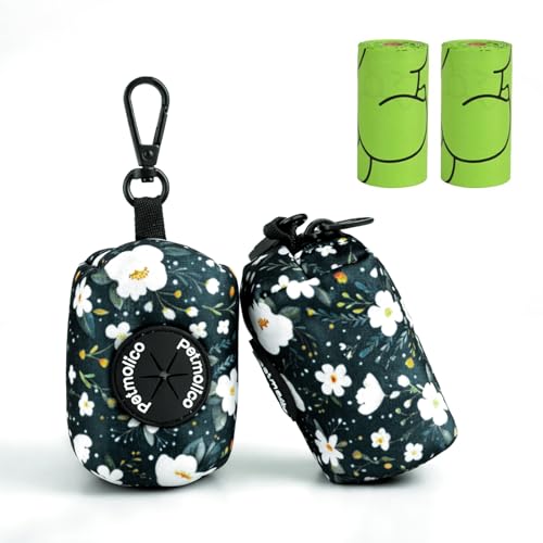 Dog Poop Bag Holder Leash Attachment, Dog Waste Bag Dispenser Zippered Pouch, Fits Any Dog Leash, Includes Free Roll of Dog Bags, Poop Bag Dispenser - 2 Packs, Mixed Cyan&Flower - color: Cyan&Flower
