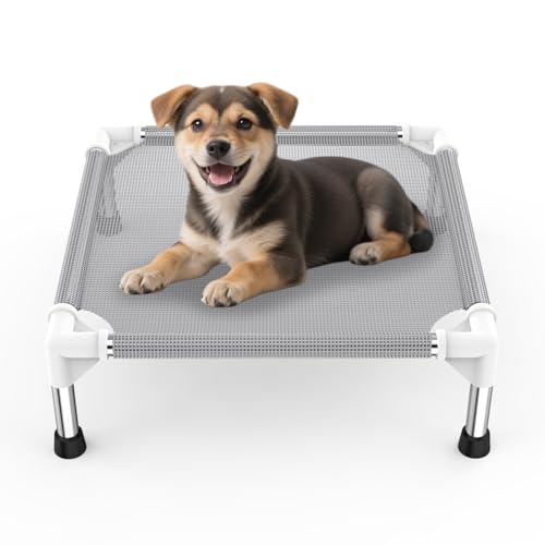 Elevated Dog Bed with Teslin Cooling Fabric - Lightweight Dog Cot for Small Dogs, Waterproof & Washable Breathable Mesh, Raised Pet Bed for Indoor Outdoor Use, Anti-Slip, Easy Clean - size: S-Gray
