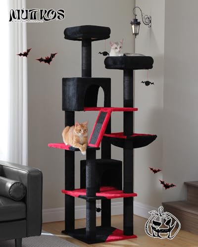 MUTTROS Gothic Cat Tree for Large Cats, 70.9" Tall Black Cat Tower with Coffin Bed, Cat Condo, Sisal Scratching Posts & Top Perch, Spider Hanging Ball, Multi-Level Spooky Cat Tree, Halloween, Black - color: Gothic Black, size: 70.9inch