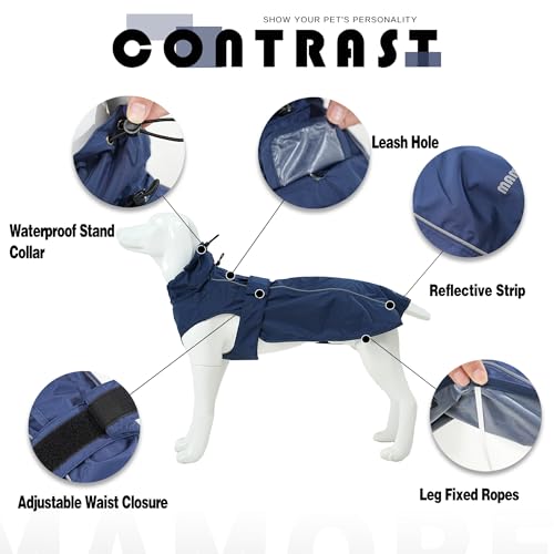 Waterproof Dog Raincoat with Reflective Strip, Adjustable Breathable Rain Coat Jacket with Leash Hole for Dogs (Navy, Medium) - color: Navy, size: Medium