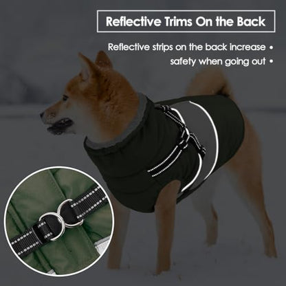 Small Dog Coat with Harness Built in, Warm Dog Jacket Winter with Zipper On Back, Waterproof Pet Snow Jacket Snowsuit Pet Sweater Clothes for Puppy, Army Green XS - color: Army Green, size: X-Small