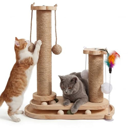 Cat Scratching Post, Sisal Cat Scratcher Post - 4-in-1 Cat Solid Wood Activity Center | Indoor Interactive Cat Toy with Trackball (Rolling), Feather Teaser, Hanging Balls & Natural Catnip Ball