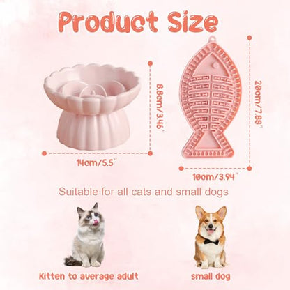 Ceramic Slow Feeder Cat Bowl 5.5inch with Lick Mat,Elevated Food Bowl for Cats and Small Dogs,Cute Flower Shape for Dry and Wet Food-Pink Bowl +Pink Lick Mat - color: Pink Bowl+ Pink Lick Mat