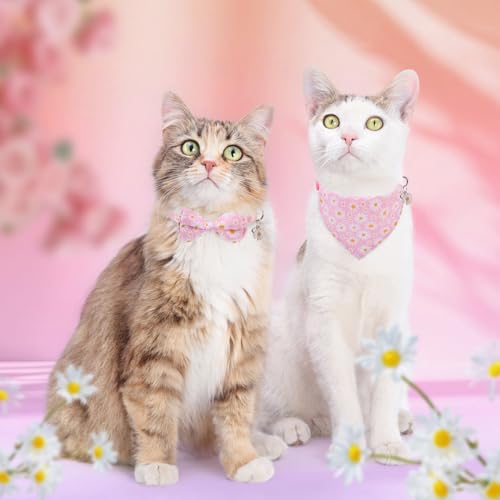 SCENEREAL Spring Cat Collar Breakaway with Bells, 2 Pack Cute Flower Pet Collar with Removable Bow Tie and Bandana, Adjustable Safety Buckle with Daisy Pendants for Girl Cats Kitten - color: Bandanas & Bow (Daisy-Pink)