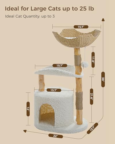 MUTTROS Modern Cat Tree Tower for Large Cats, Wood Cat Tower with Natural Scratching Post, Solid Wood Condo, Real Branch Luxury Cat Furniture with Curved Bed, Top Basket, White - color: Cloud White, size: 38" Solid Wood Cat Tree