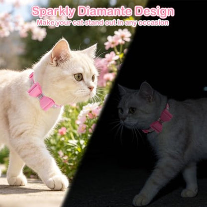 Rhinestone Cat Collar with Bow, Breakaway Elegant Female Diamond Cat Collars with Bell, Pink Leather Sparkly Bowtie Pet Collar for Girl Boy Small Kitten Puppy with Safety Buckle, 8-12" - color: Butterfly Pink, size: 8"-12" Cats / Mini Dogs