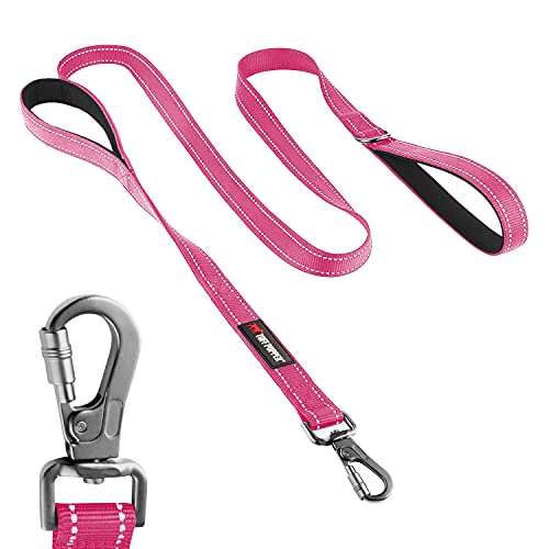 Tuff Pupper Heavy Duty Double Handle Leash | Twist Locking Carabiner Clip | Safety Lock for Strong Dogs | Reflective for Safe Night Walks | 6 Foot Leash for Medium & Large Dogs - color: Hot Pink