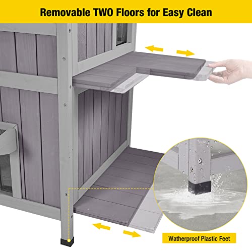 Aivituvin 2-Story Outdoor/Indoor Cat House - Solid Wood Kitty Condo with Escape Door, Removable Floors, Weatherproof Asphalt Roof & Sun Balcony
