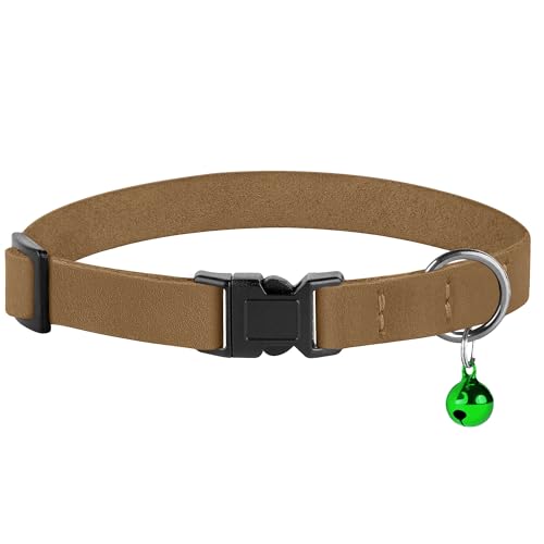 Breakaway Cat Collar Leather with Removable Bell - 13 Colors Available - Soft Adjustable Girl Boy Safety Lightweight Pet Kitten Collars Pink Brown Blue Green Red Orange Black (Brown) - color: Brown